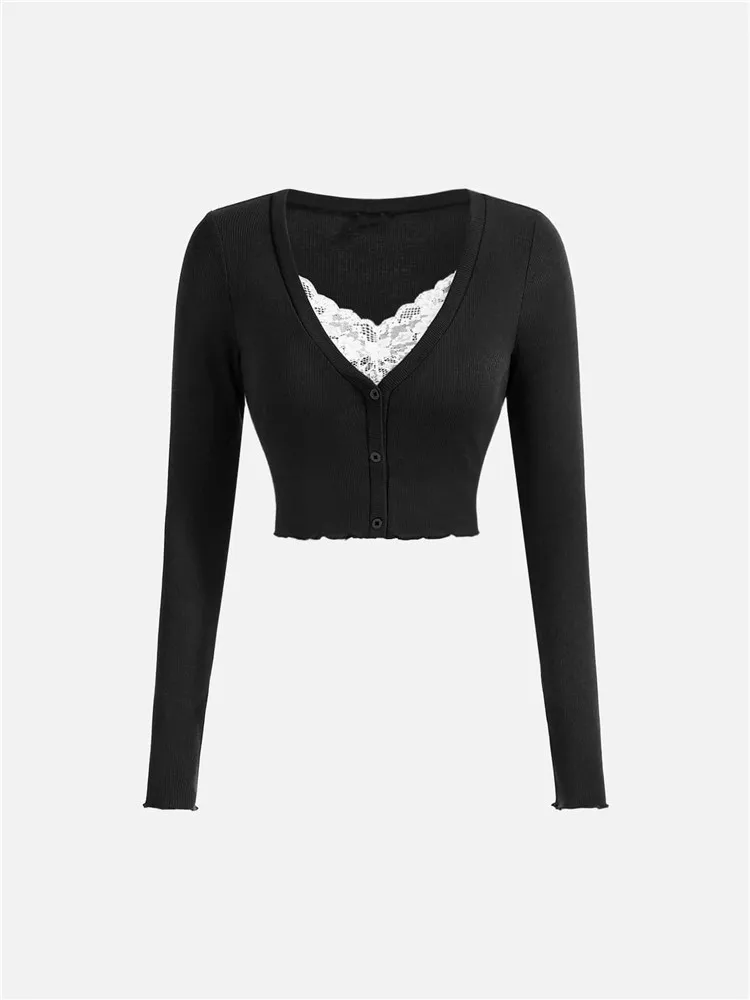 

Однотонный Черный Кружевной укороченный топ в стиле пэчворк, Женская Весенняя готическая одежда Y2K, футболка на пуговицах с длинным рукавом...