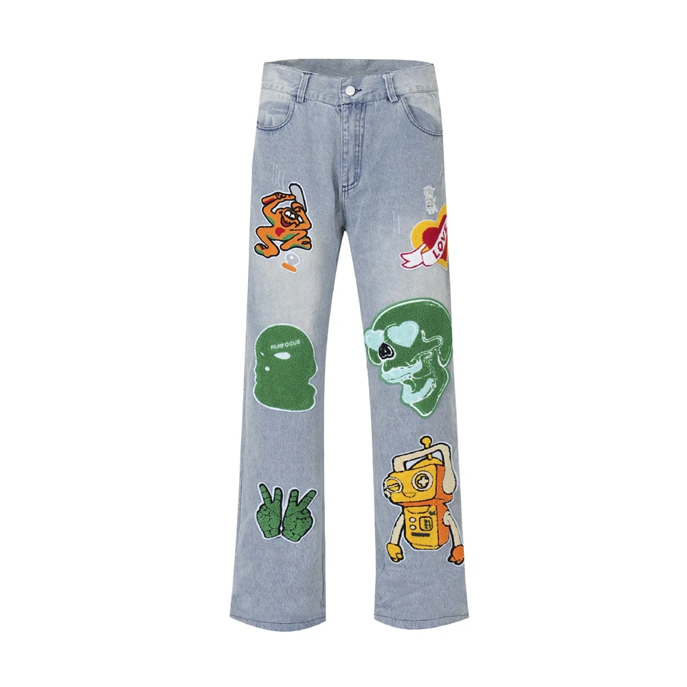 Men Hip Hop Denim Pants Jeans Streetwear Embroidery Skull Cartoon Denim Trousers Harajuku Funny Jeans Baggy Pants
