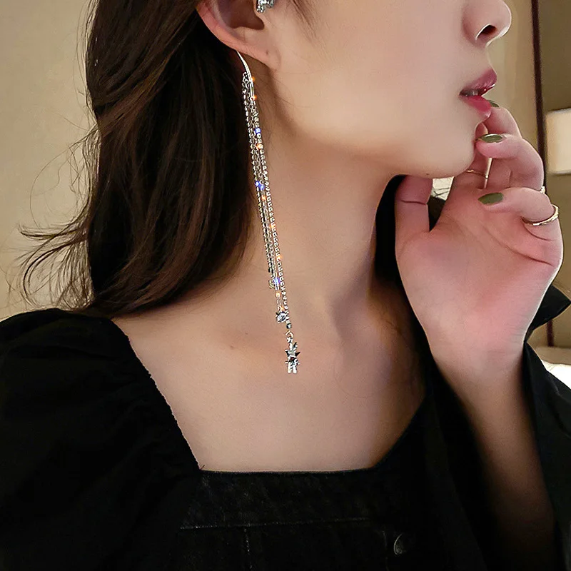 

Single Star Pendant Clip Earrings Long Tassel Rhinestone Crystal Earrings Women Girls No Piercing Ear Clip Earrings Ear Cuff