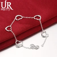 urpretty 925 sterling silver five heart chain bracelet for woman charm wedding engagement fashion party jewelry