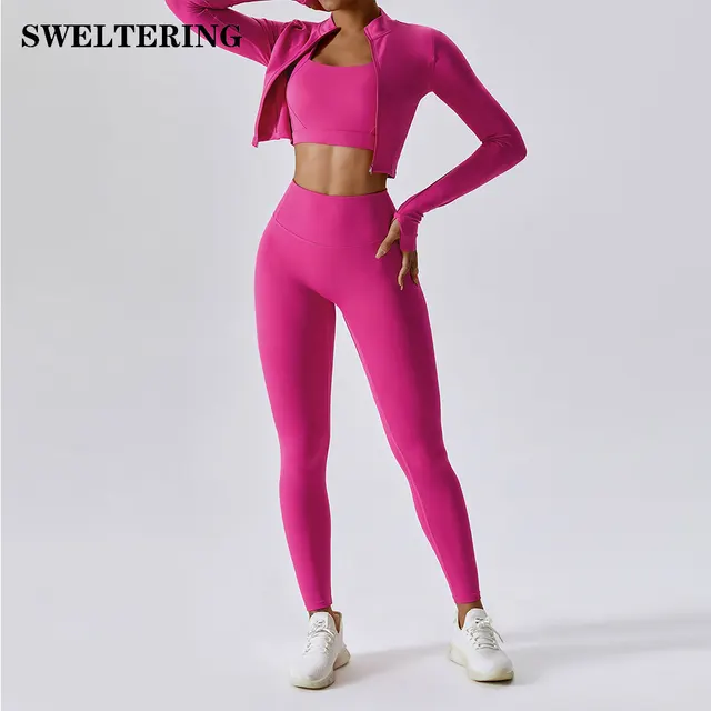 3 Pieces Women Tracksuit Yoga Set Workout Sportswear Gym Clothing Fitness Long Sleeve Crop Top High Waist Leggings Sports Suits 1