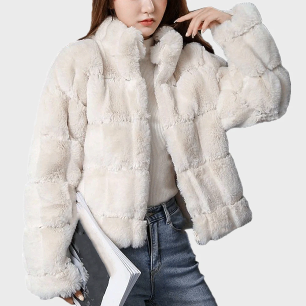 High Quality Women Winter Long Seleve Stand Collar Furry Faux Fur Coats Elegant Thick Warm Outerwear Fake Fur Jacket