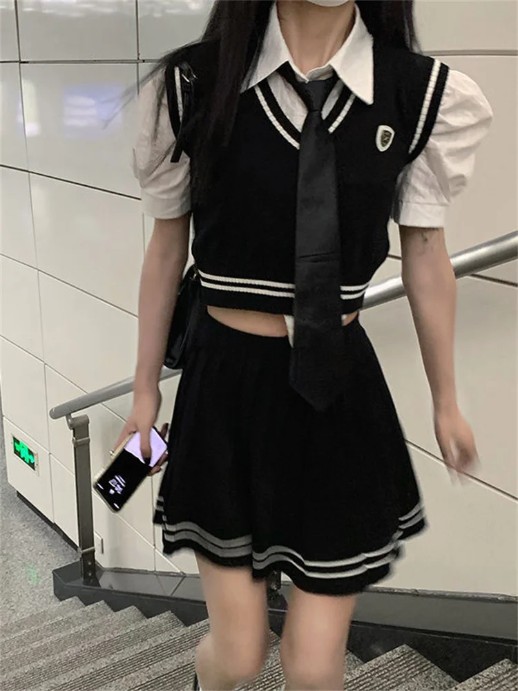 

Женский костюм в стиле преппи, жилет + рубашка + джинсовая юбка, Новинка лета, офисные женские элегантные шикарные женские костюмы, милые, для...