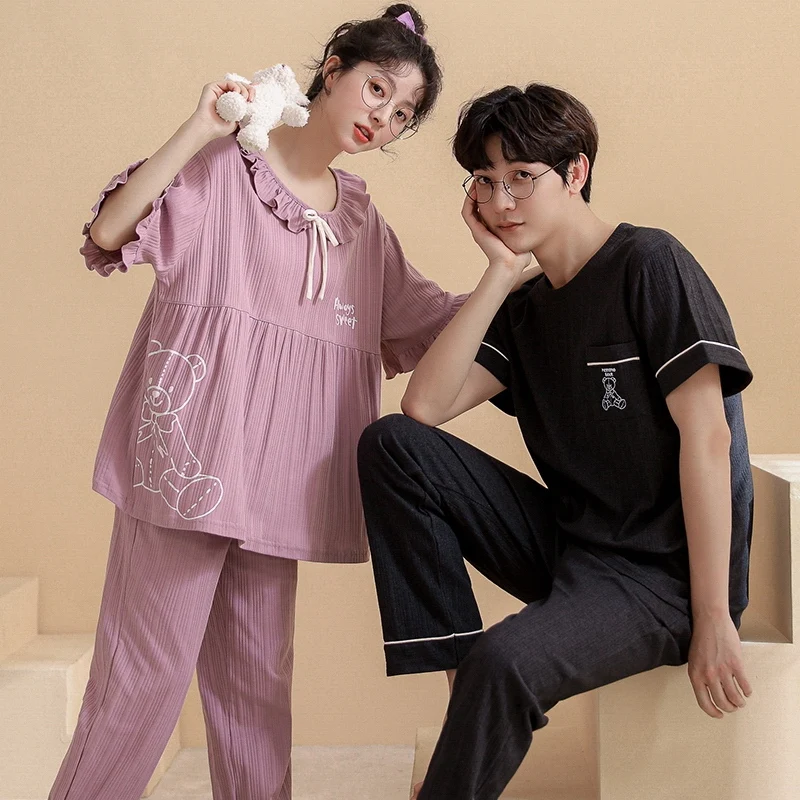 2022 Summer Couple Short Sleeve Long Pants Cotton Pajama Sets for Men Cute Cartoon Sleepwear Suit Pyjamas Homewear Women Clothes