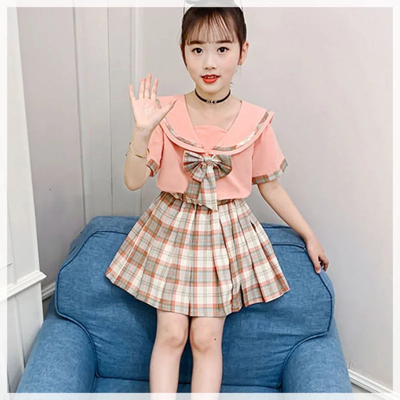 

Teens Clothing Summer New Preppy Style Bow Design Top JK Uniform + Plaid Pleated Skirt 2pcs Fashion Casual Girl Outfit Set 4-12Y