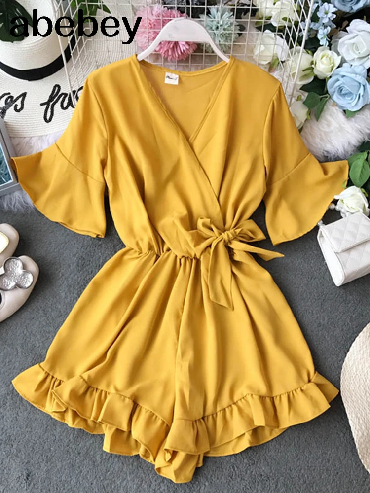 Милые гофрированные женские комбинезоны эластичные с высокой талией и бантом |