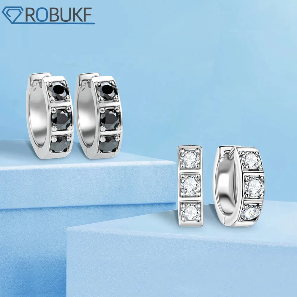 

ROBUKF Hip Hop 0.6 Carat Moissanite Huggies Earrings Lab Created Black Diamond 925 Sterling Silver Jewelry Gifts For Women Men