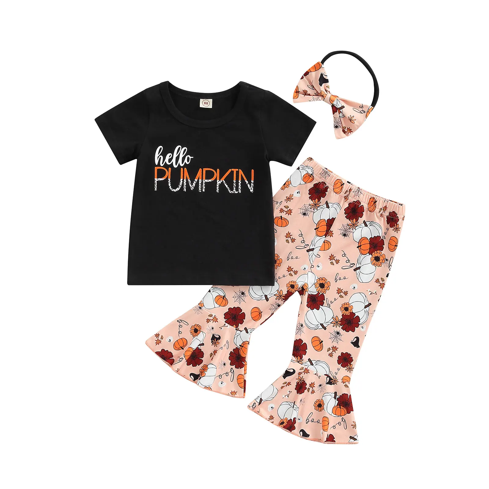 Infant Kids Baby Girl Halloween Shirt Tops Flared Trousers + Bow Headband Pumpkin Letter Print Holiday Clothing 3Pcs Set 6M-4T - купить по
