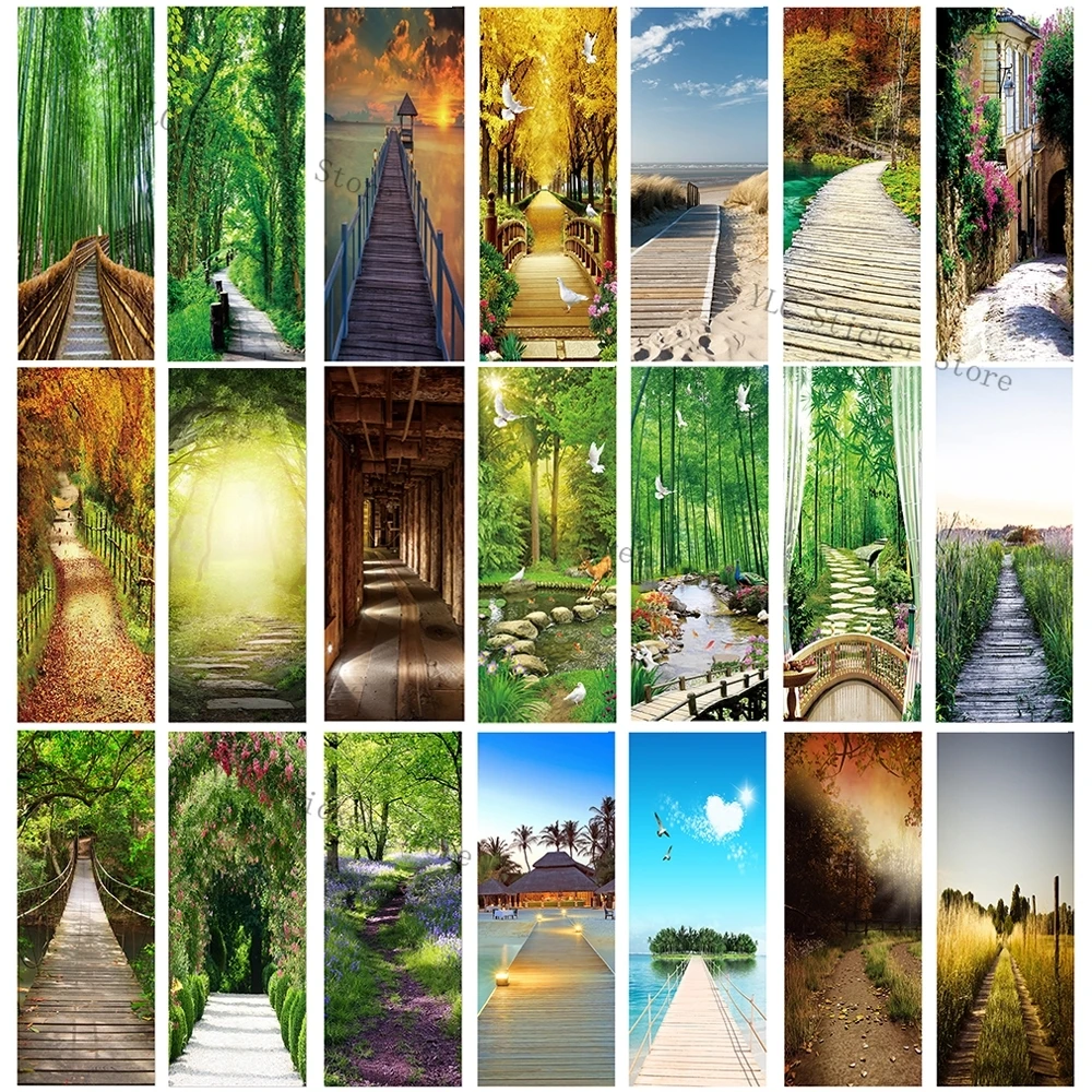 Nature 3D Corridor Landscape Door Sticker PVC Poster Art Wallpaper Home Decoration Apartment Elevator Refrigerator Self-adhesive