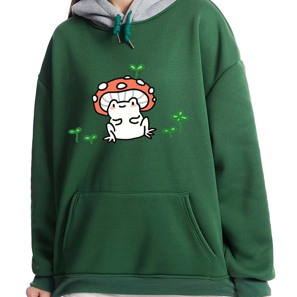 

Mushroom Frog Sweatshirts Oversized Cute Hoodies Little Grass Graphics Splicing Hooded Pocket Plus Size Winter Clothes For Women