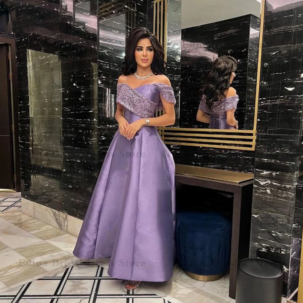 

Женское атласное платье с открытыми плечами, винтажное фиолетовое платье-трапеция до щиколотки, с открытыми плечами и бисером, для свадьбы
