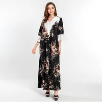 casual traditional festival muslim round neck lace print loose long temperament dress abayas for woman robe femme musulmane
