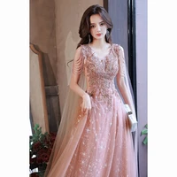 pink elegant evening dresses a line appliques ribbon pearls beading tassel o neck long tulle shiny glitter bridesmaid prom gowns