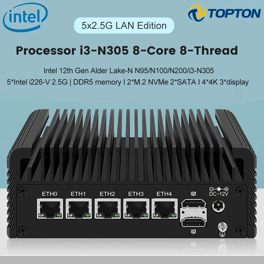 

5xi226-V Firewall Appliance 2.5G Fanless Mini PC 12th Gen Intel i3 N305 N200 N100 DDR5 2*NVMe 2*SATA3.0 Router ESXi Proxmox Host