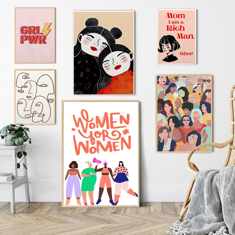 

Feminist Friendship Print Girl Power Quote Canvas Painting Mom I Am a Rich Man Poster Abstract Line Face Wall Art Pictures Decor