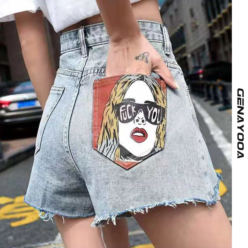 Street Clothing Cartoon Portrait Pocket Print Asymmetric High Waist Shorts Jeans 2021 Fashion Summer Korean Denim Shorts Ladies