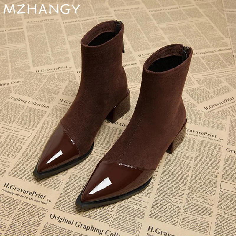 Женские ботильоны с острым носком кожаная зимняя обувь на среднем каблуке