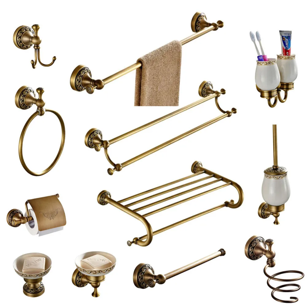 

Bathroom Accessories set Antique Brass Collection Carved Bathroom Products wall mounted brass bathroom hardware set