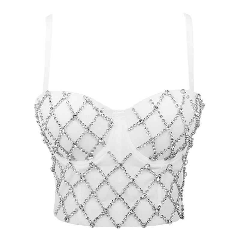 

M2EA Women Sexy Sleeveless Bustier Bra Criss Cross Rhinestone Corset Cropped Camisole