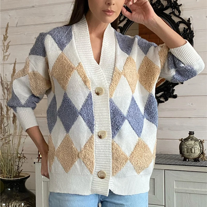 

Casual Plaid V Neck Knitted Cardigan Jacket Women 2023 Winter Vintage Argyle Loose Sweater Women Long Sleeve Cardigans New 28889