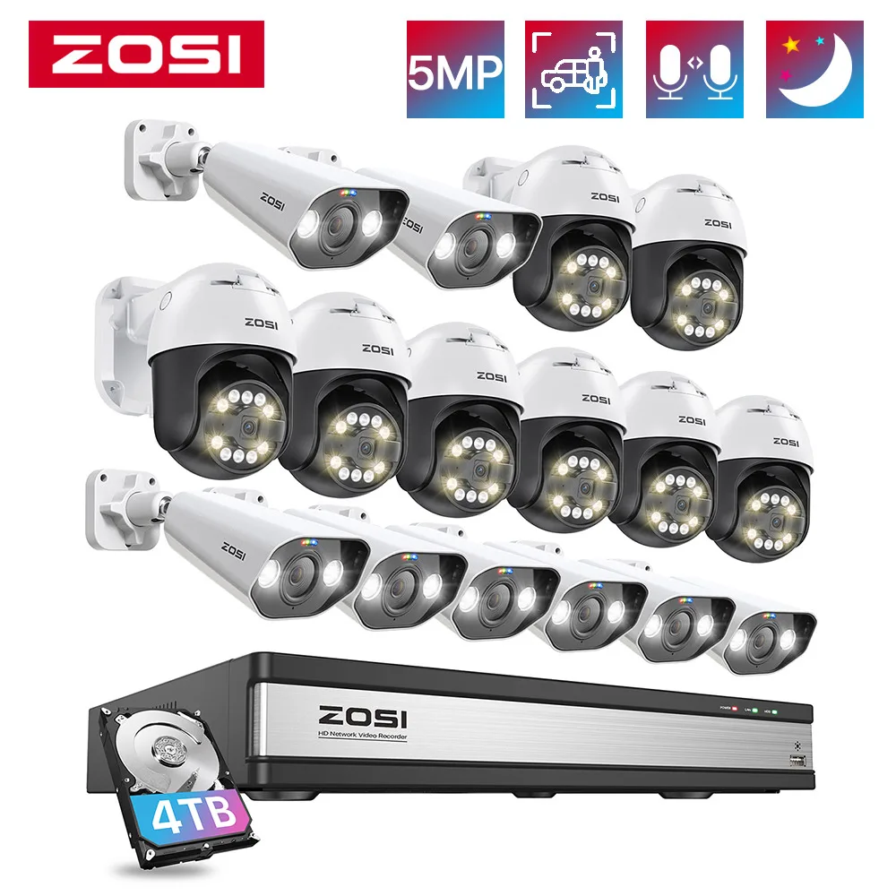 ZOSI 16CH 5MP PTZ PoE Security IP Camera System 4K AI Face Person Vehicle Detect Two Way Audio CCTV Video Surveillance NVR Kit