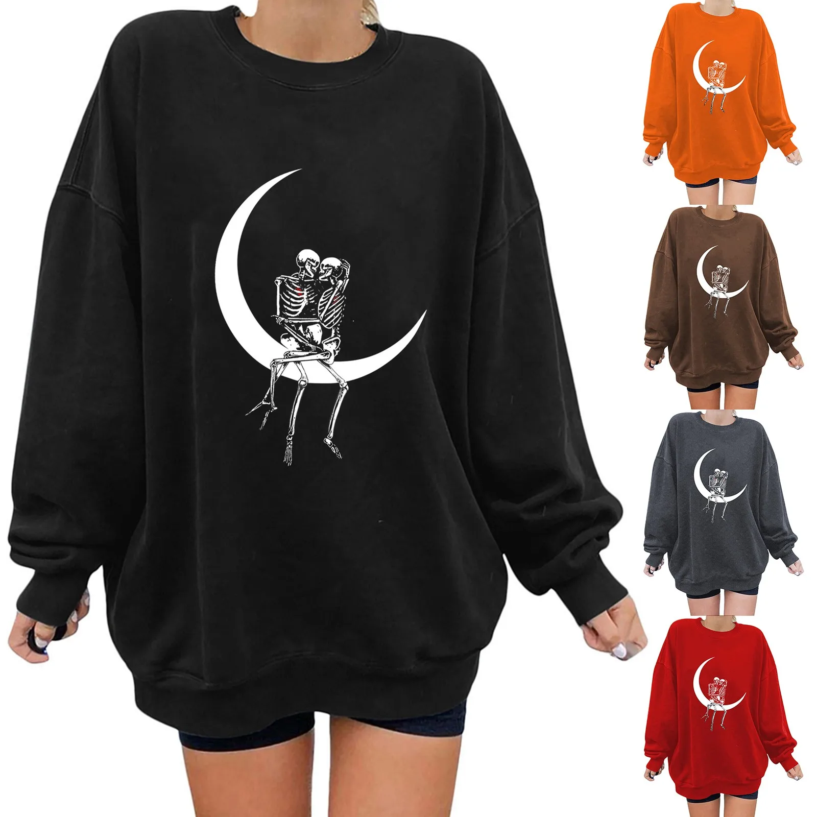 

Womens Casual Long Sleeve Crew Neck Funny Skeleton Printed Hoodless Pullover Loose Sweatshirt Top Sweatshirts Women No Hoodie