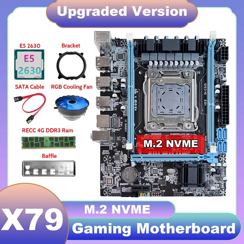

X79 Motherboard V389+E5 2630 V2 CPU+DDR3 RECC 4GB RAM+Fan+SATA Cable+Baffle+Bracket M.2 NVME LGA2011 For CF LOL PUBG
