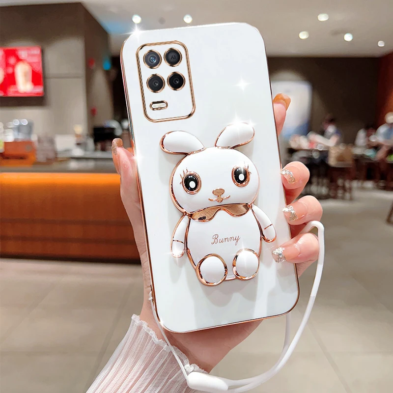 

Cute Cartoon Rabbit Fold Stand For OPPO Realme 8 Pro Phone Case With Lanyard Luxury Plating Cover