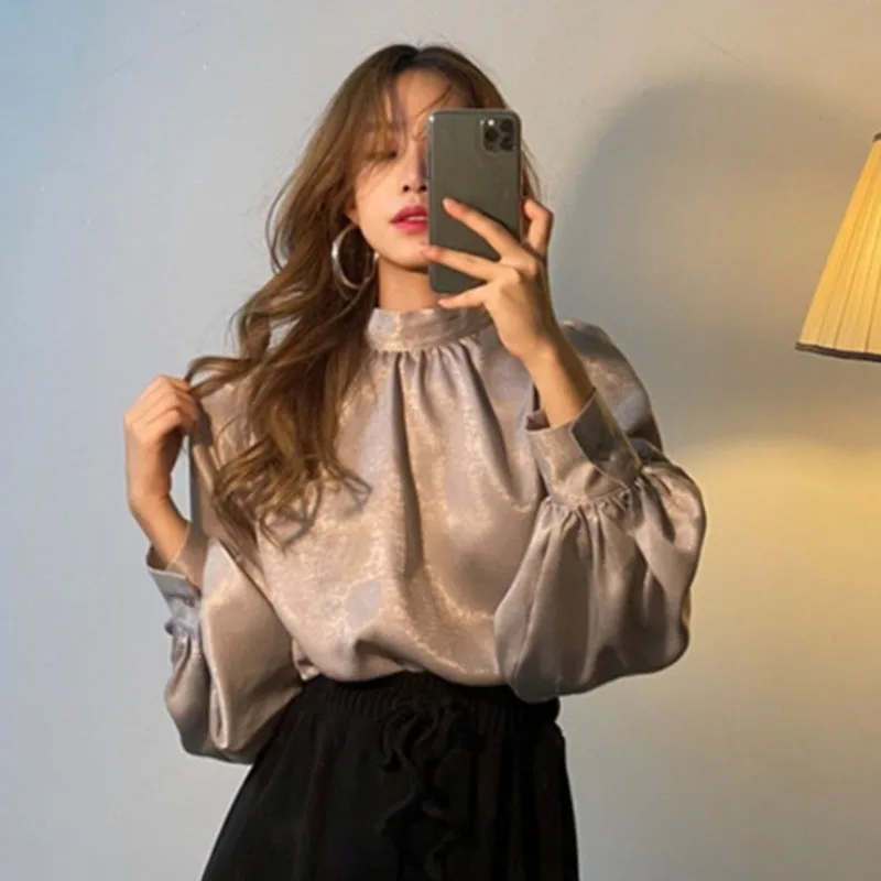 

Женская рубашка с полувысоким воротником, элегантная повседневная офисная блузка с рукавами-фонариками в корейском ретро стиле, весна-лето...