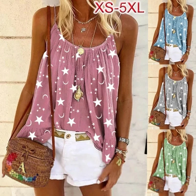 

2023 S-5XL Fashion Women Summer Casual Tank Tops Loose Beach Blouses Sleeveless Bohemia Printed Cotton Beach T Shirt