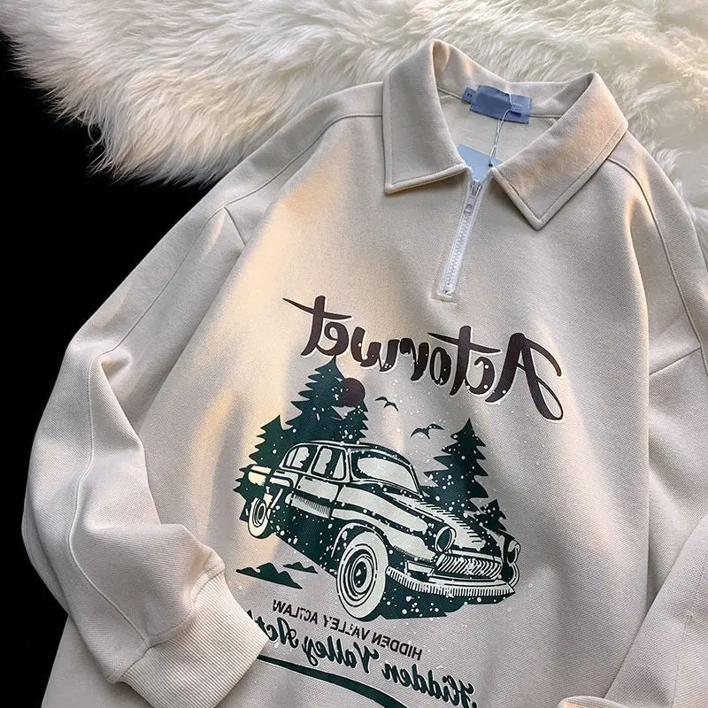 

Vintage Car Zipper Polo Collar Oversized Sweatshirt Women Couple Clothes Long Sleeve Pullover Casual Hip Hop Y2k Gothic Fashion