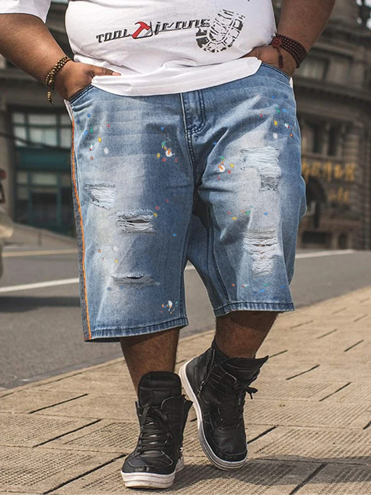 ZOOY Men Denim XXXL 8XL Plus Size Jeans Loose Shorts Man Hip Hop Streetwear Hole Ripped Blue Washed Knee-length Jeans Men
