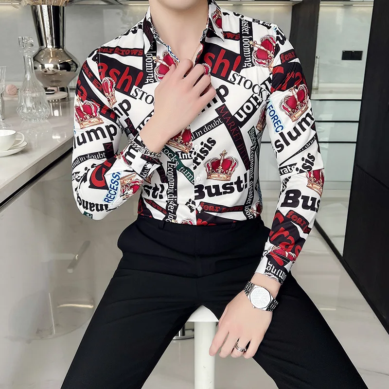 Luxury Printed Shirts for Men Long Sleeve Slim Casual Shirt British Style Business Formal Dress Shirt Social Party Tuxedo Blouse