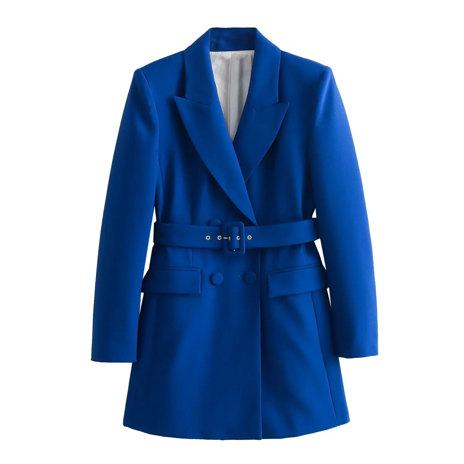 

2023 Autumn Blue Women's Belt Embellished Long Blazer Jacket Casual Commuter Slimming Long Lapel Double-Breasted Blazers Jacket