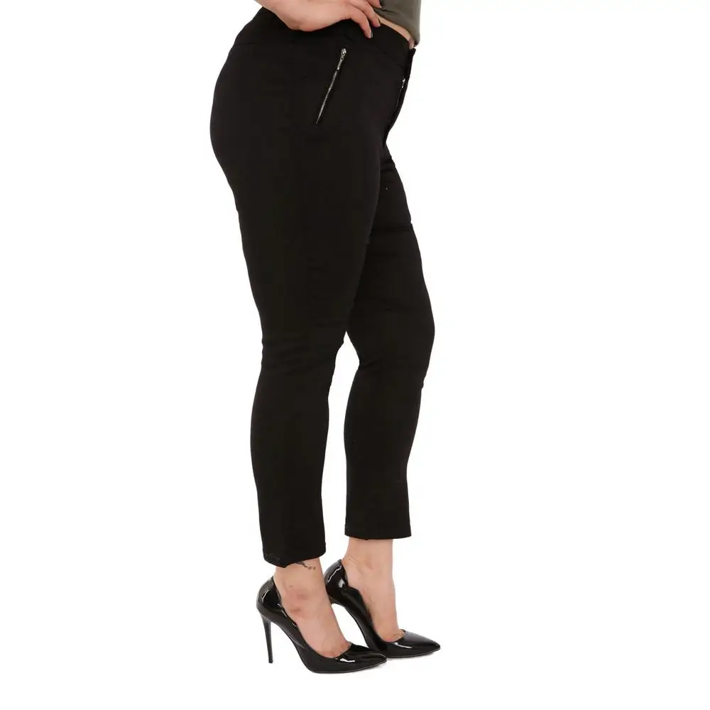 Fierte Women Plus Size Pants Rg1390Yp Canvas High Waist Tight Trotting Zipper Closure Button Elastic Spring Summer Slim Black