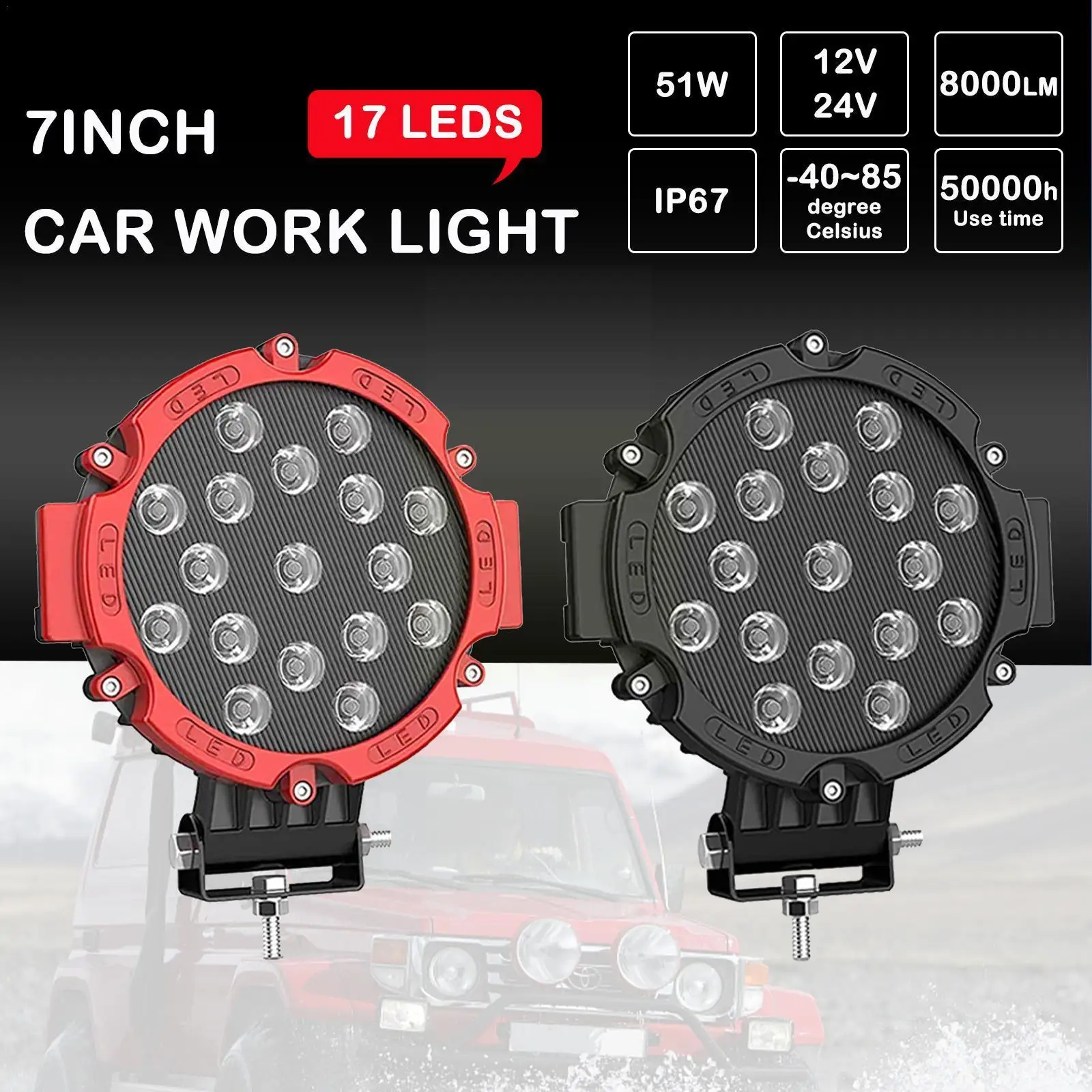 

7 Inch 51W Round LED Work Light Bar Flood Beam Offroad Driving Headlamp For Off Road Truck SUV ATV Boat Inspection Lamp