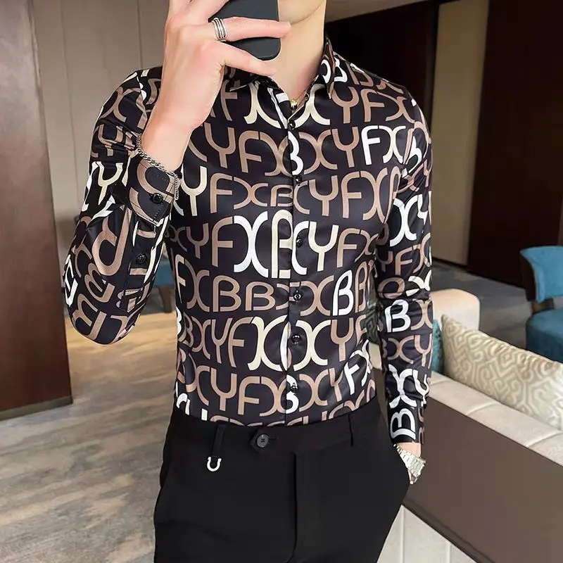 Spring and autumn tide brand men's long sleeve shirt Korean handsome printed shirt slip non-iron slim casual inch shirt