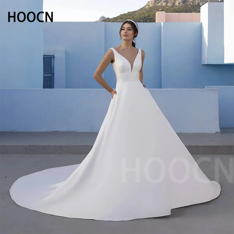 

HERBURNL Simple Wedding Dress V-neck Satin Solid Color Trailing Open Back Elegant New Bridal Dress Vestido de casamento