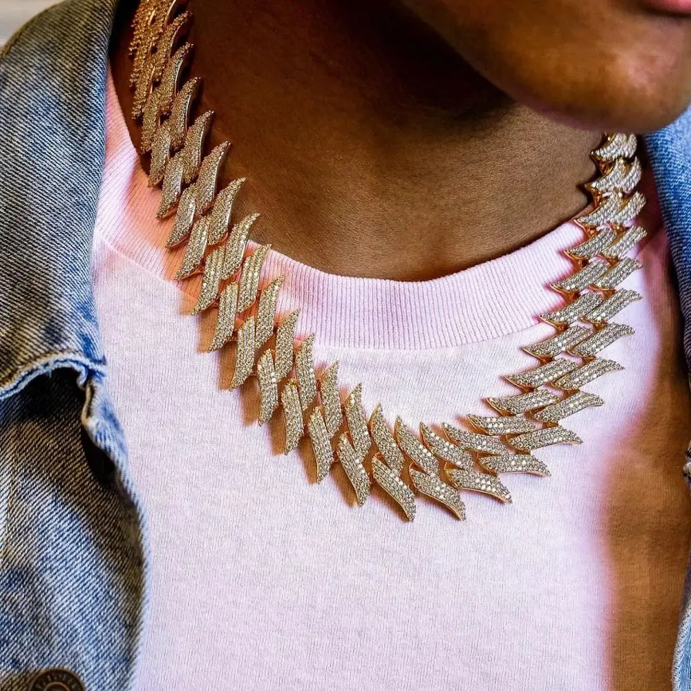

Gold Color Bling 3 Row Thorn Cuban Link Chain For Men Women Iced Out Micro Paved Rhinestone Chain Necklaces Punk Hiphop Jewelry
