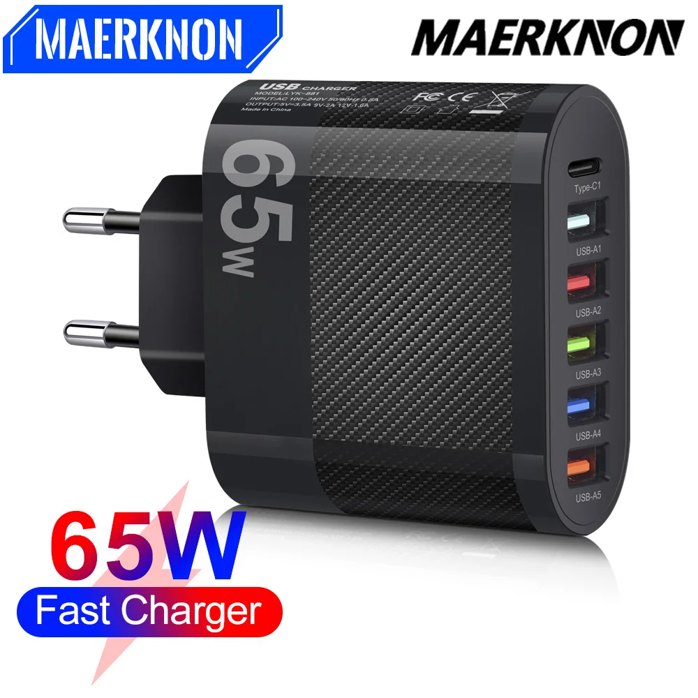 

65W USB Charger PD Fast Charging 4 Ports Mobile Phone Charger for Xiaomi iPhone Samsung Huawei Quick Charge3.0 Fast Wall Charger