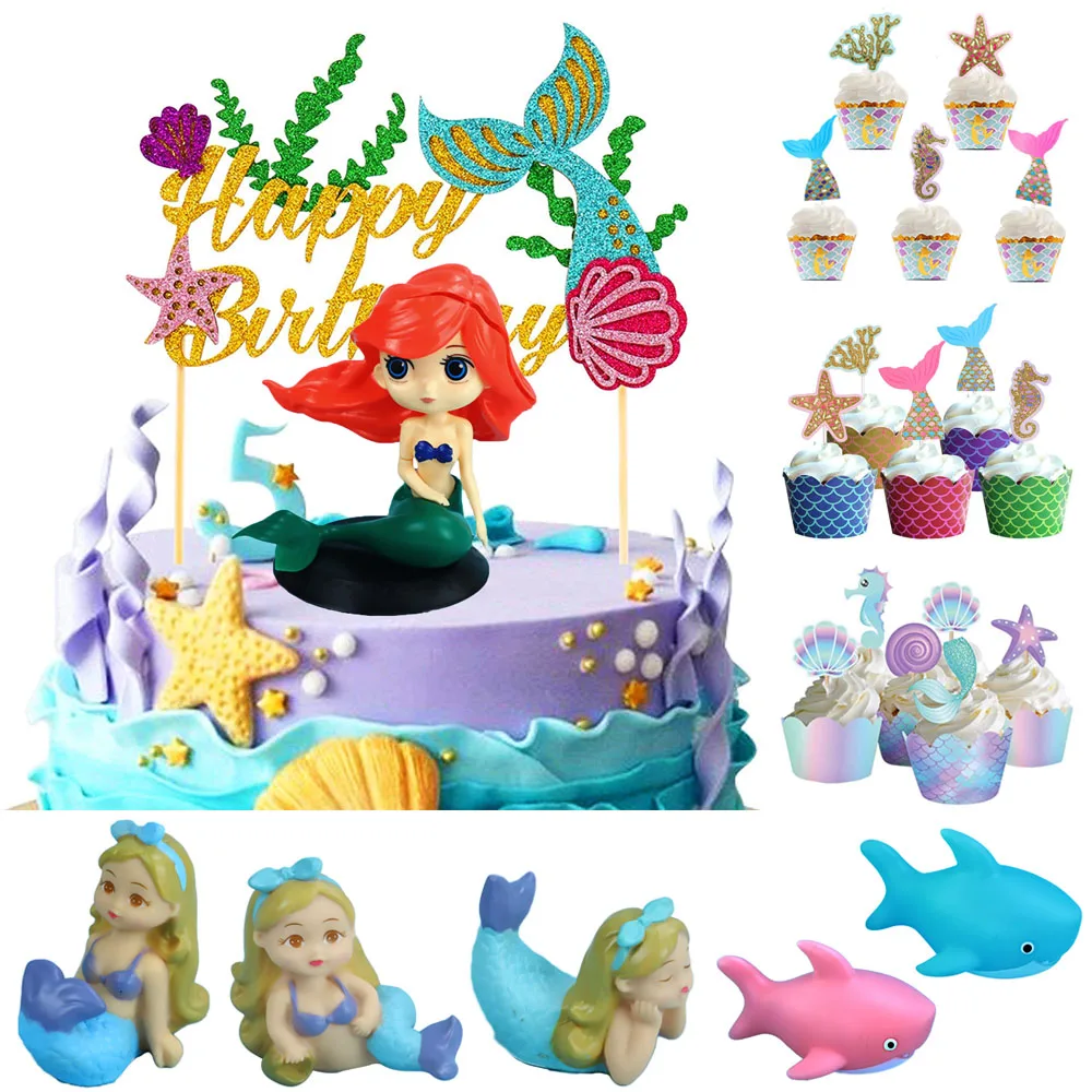 

Топпер для торта с хвостом русалки, топперы для кексов, украшения для дня рождения с маленькой русалочкой под морем, для вечеринки, для будущ...