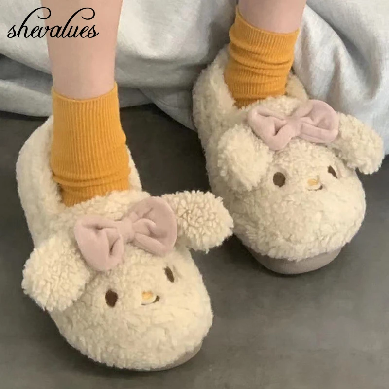 

Shevalues Cute Plush Slippers Women Thick Platform Furry Slippers Winter Home Cartoon Slides Women New Soft Bottom Rabbit Shoes