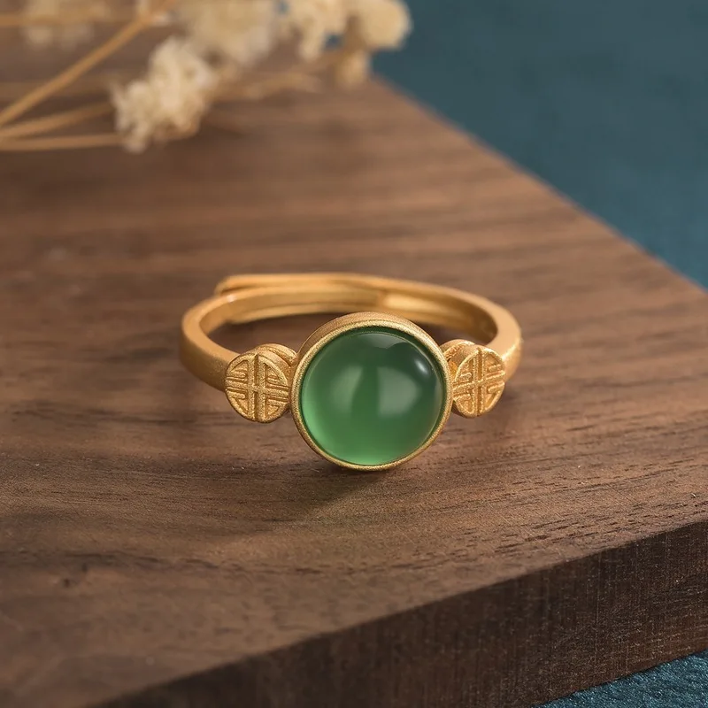 

Stainless Steel Jewelry Woman Imitation Hetian Jasper Set Antique Gold Ring Opening Adjustable Ring Gilded Women's Ring