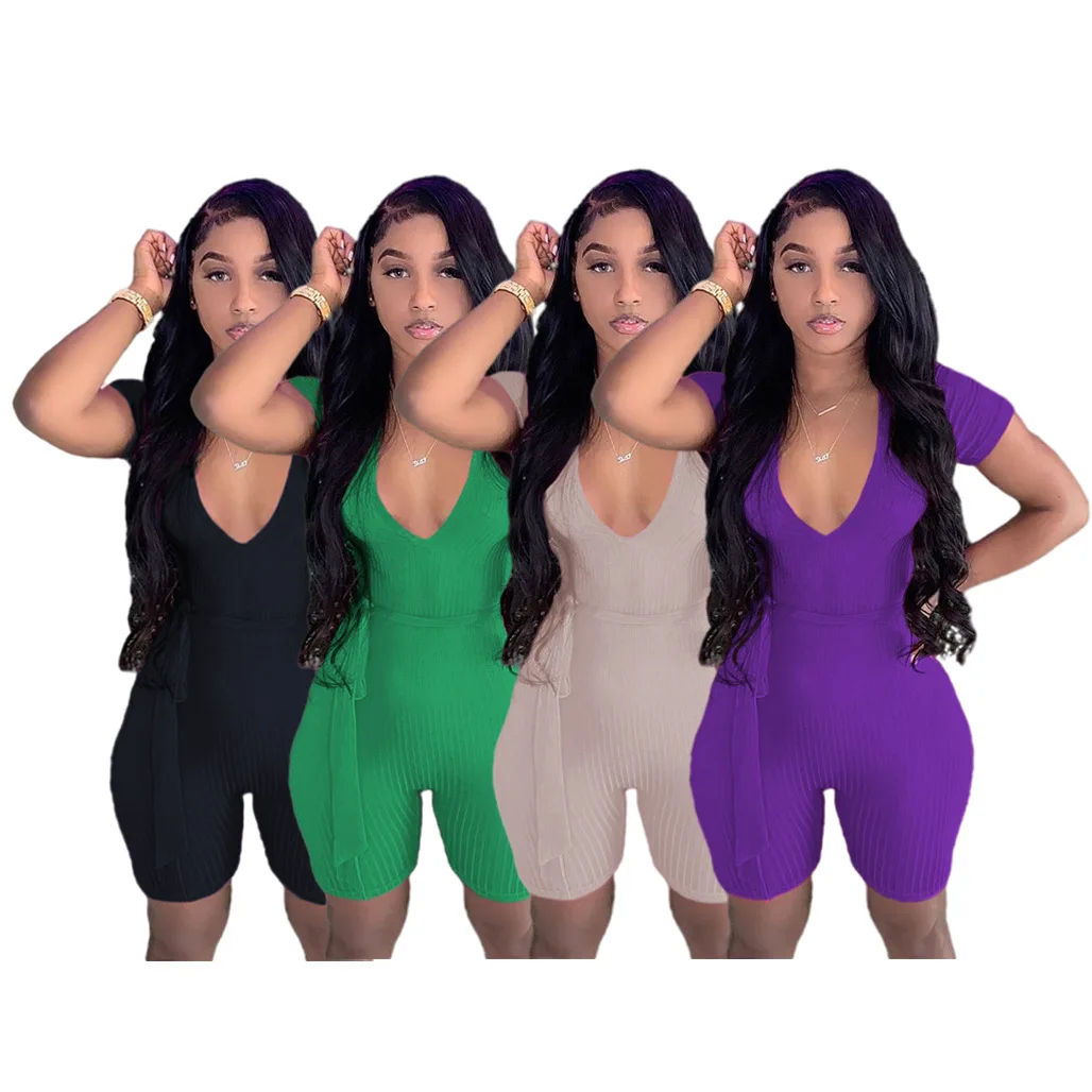Casual Women Jumpsuit Deep  V-neck Short Sleeve Knit Ribbed Slim Bodycon Streetwear Sportwear Short Romper Women Jumpsuit