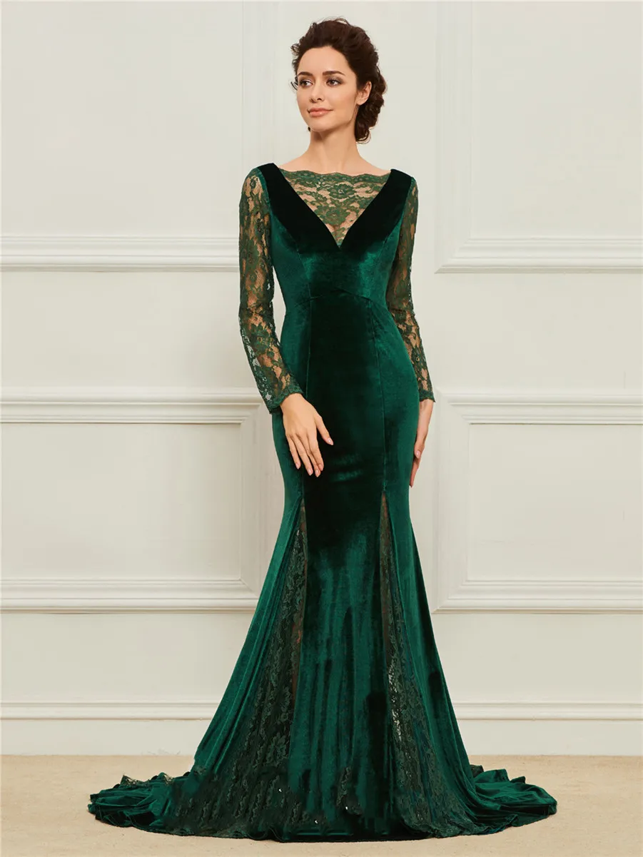 

Green Velvet Lace Luxury Evening Gown 2023 Elegant Simple Mermaid Mother of the Bride Dress For Women Long Sleeve Backless Robe