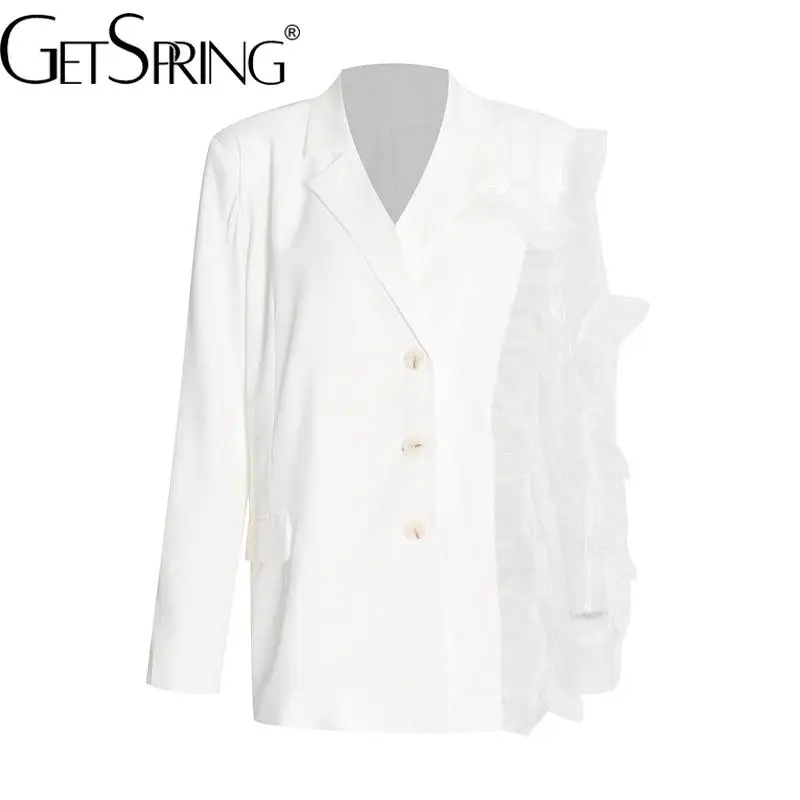 

GetSpring Women Blazer 2022 Fashion Spring Autumn Asymmetric Ruffle Mesh Stitching Single Breasted Full Sleeve White Suit Coat