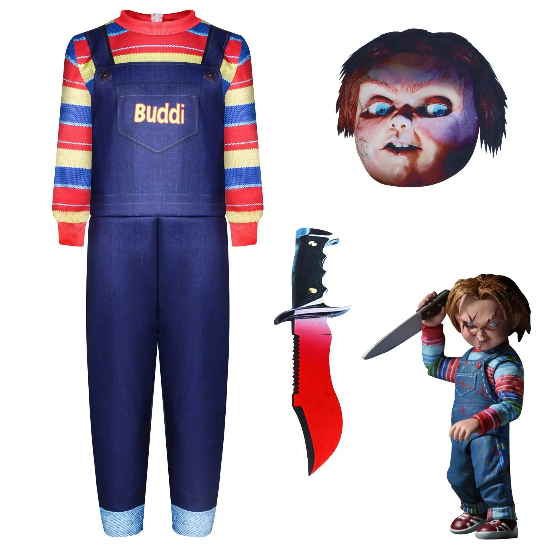 

Ghost Baby Back To Soul Doll Full Set Halloween Horror Costume for Kids Role-playing Chucky Cosplay Kids Christmas Birthday Gift