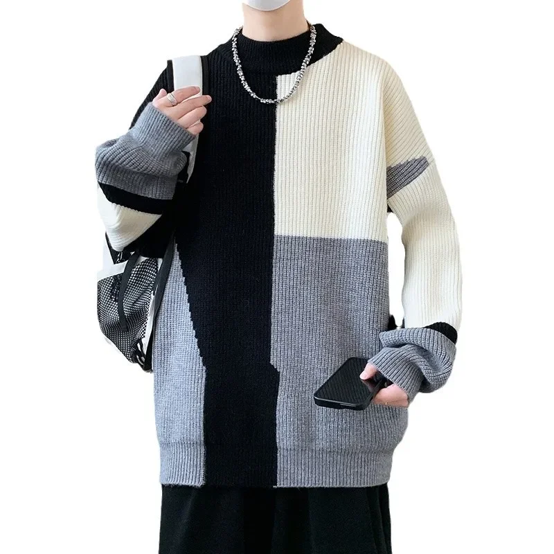 2024 New Men's Sweater Winter Warm Base Layer Top Student Unique Trendy Brand Thickened Inner Knit Casual Crew Neck