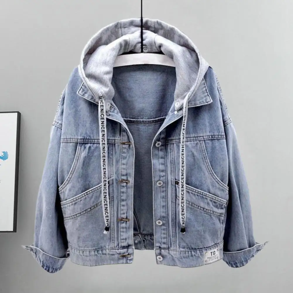 

Blue Deconstructable Hooded Turn-down Collar Denim Jacket Women Loose Button Patchwork Outwear Jean Coat Female
