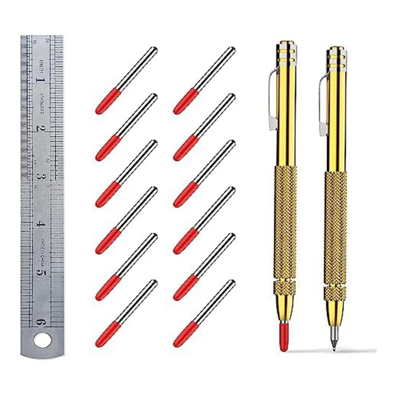 

2 Pack Tungsten Carbide Scriber With Magnet,With Extra 12 Replacement Accessories Marking Tip And 6-Inch Ruler,For Metal Sheet.
